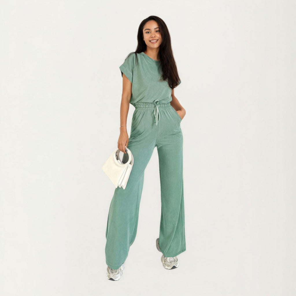 Anna-Kaci Women¡¯s 2-Piece Set Short Sleeve Relaxed Fit Top and Wide Leg Pants with Soft Stretch Fabric and Drawstring Waist