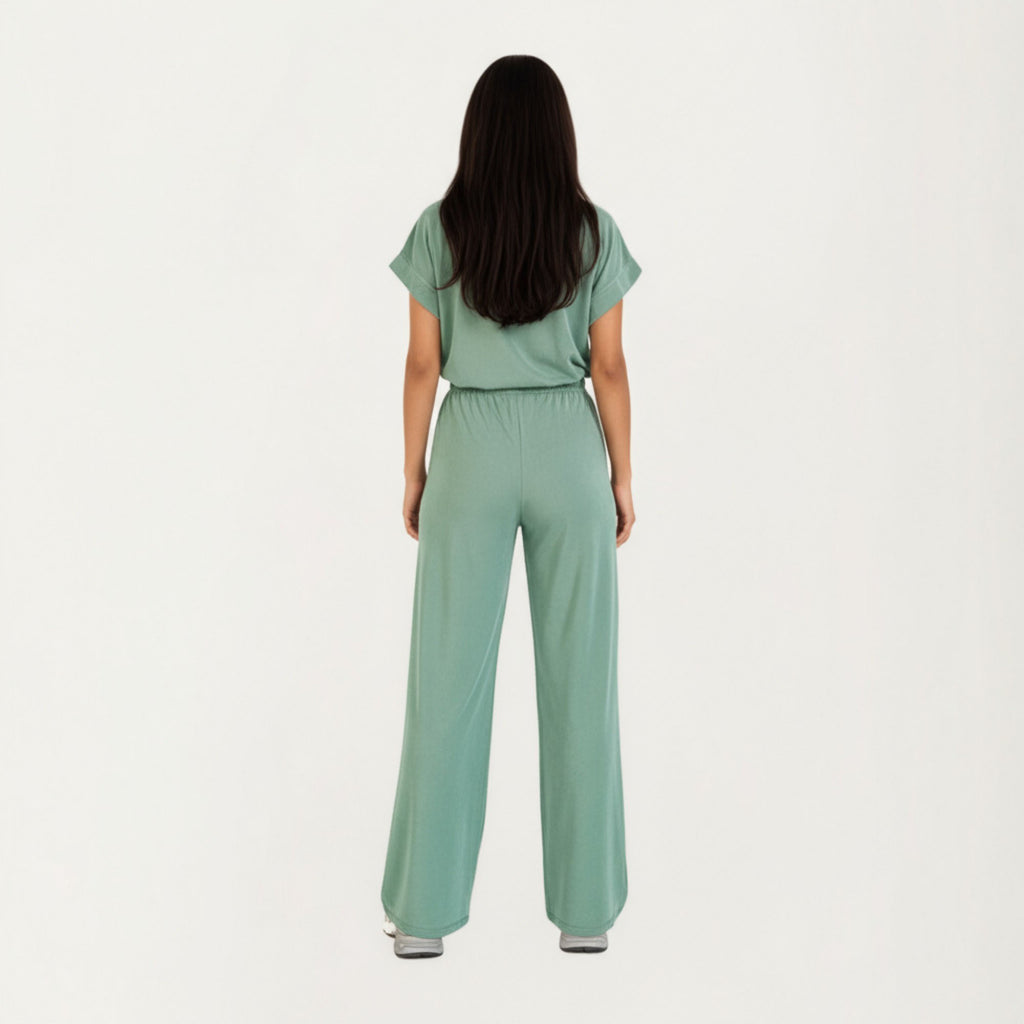 Anna-Kaci Women¡¯s 2-Piece Set Short Sleeve Relaxed Fit Top and Wide Leg Pants with Soft Stretch Fabric and Drawstring Waist