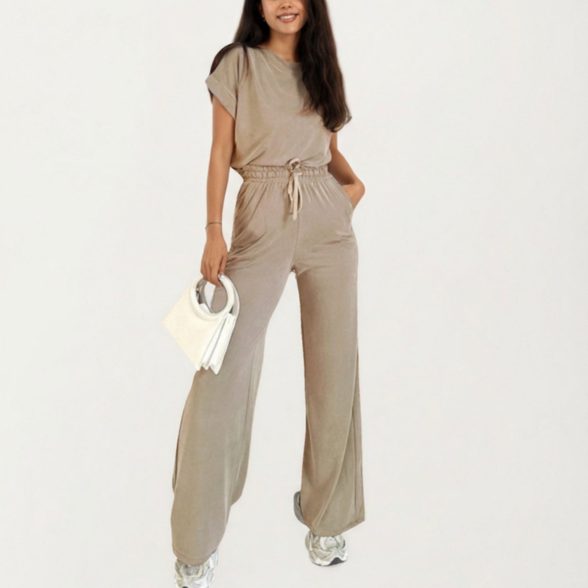 Anna-Kaci Women¡¯s 2-Piece Set Short Sleeve Relaxed Fit Top and Wide Leg Pants with Soft Stretch Fabric and Drawstring Waist