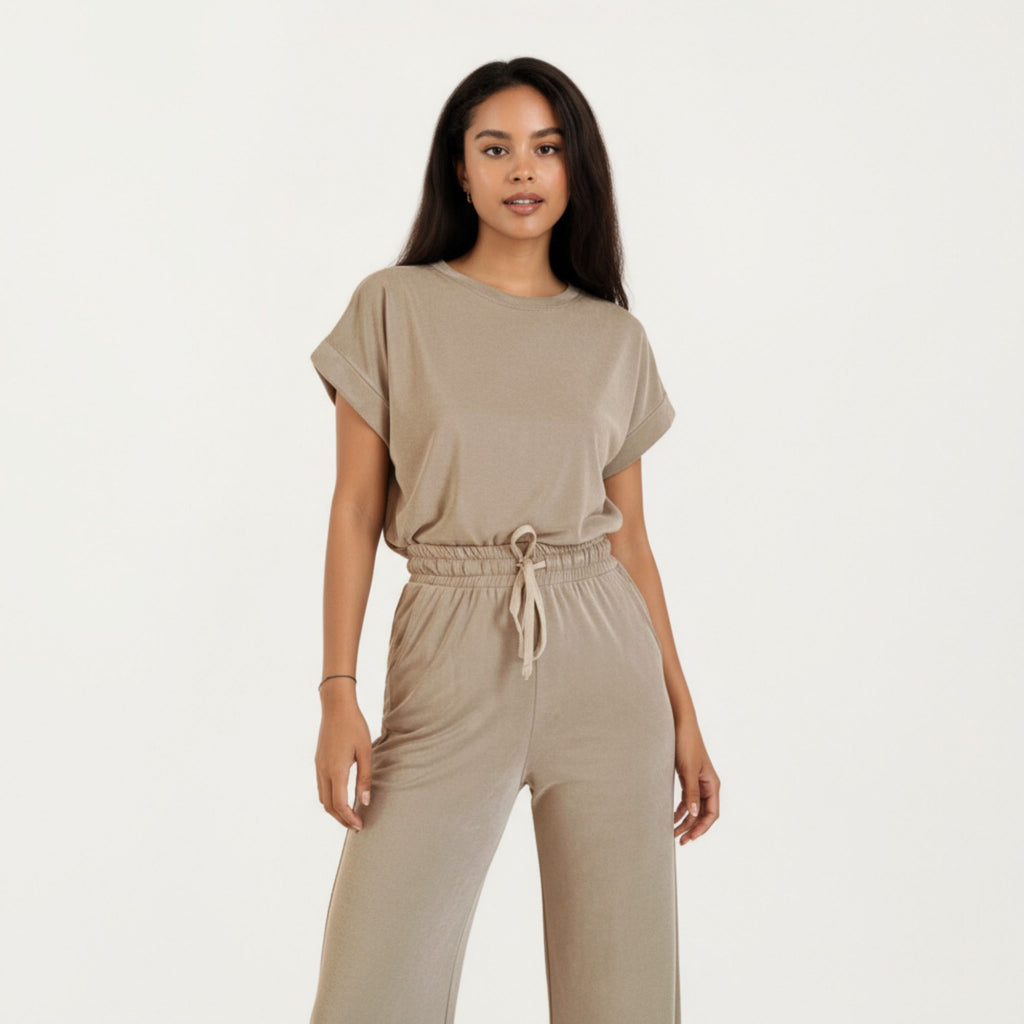 Anna-Kaci Women¡¯s 2-Piece Set Short Sleeve Relaxed Fit Top and Wide Leg Pants with Soft Stretch Fabric and Drawstring Waist