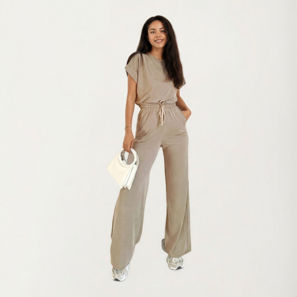 Anna-Kaci Women¡¯s 2-Piece Set Short Sleeve Relaxed Fit Top and Wide Leg Pants with Soft Stretch Fabric and Drawstring Waist