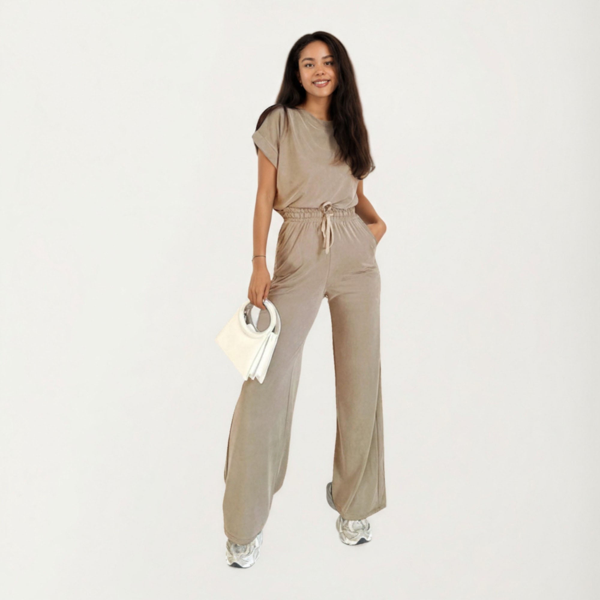 Anna-Kaci Women¡¯s 2-Piece Set Short Sleeve Relaxed Fit Top and Wide Leg Pants with Soft Stretch Fabric and Drawstring Waist