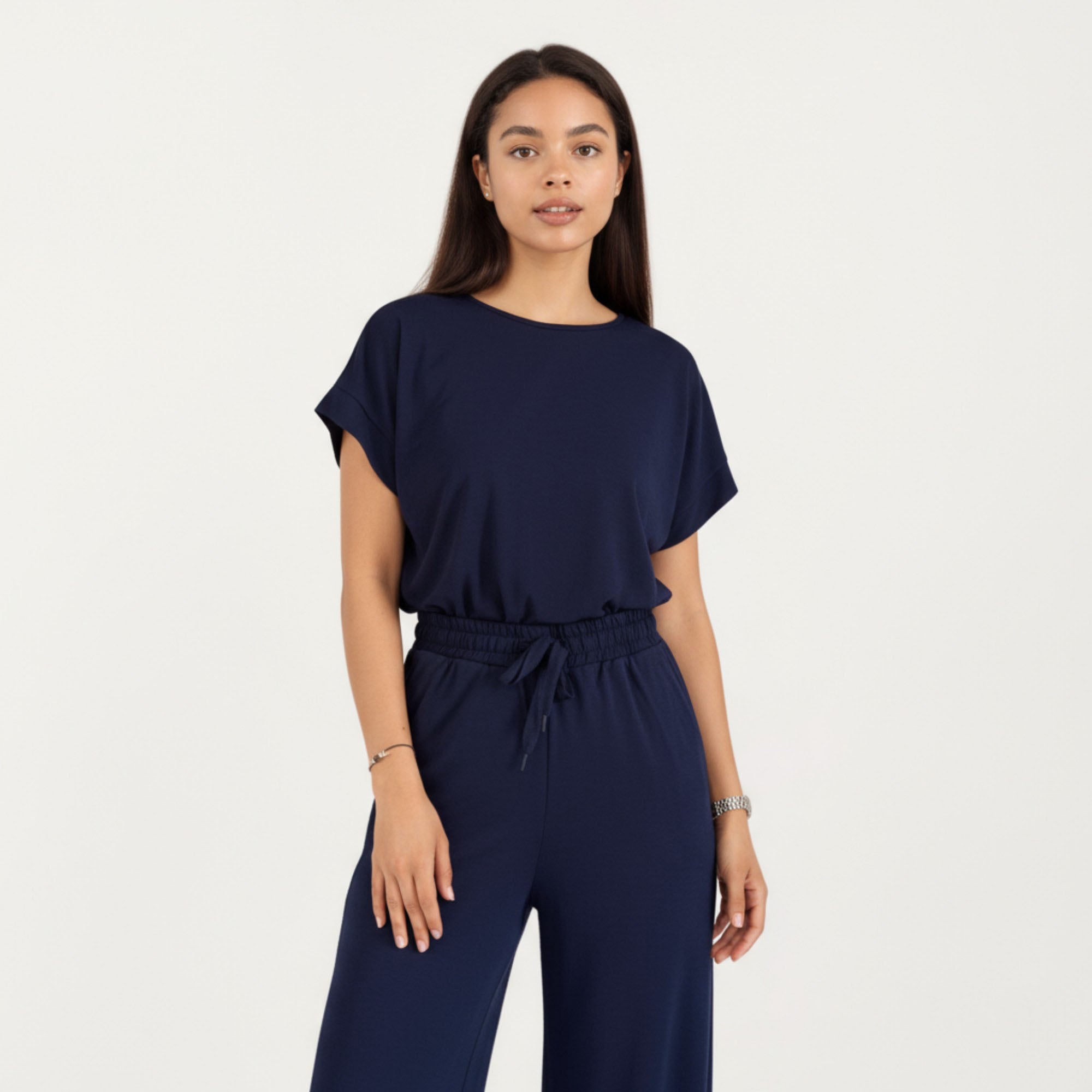 Anna-Kaci Women¡¯s 2-Piece Set Short Sleeve Relaxed Fit Top and Wide Leg Pants with Soft Stretch Fabric and Drawstring Waist