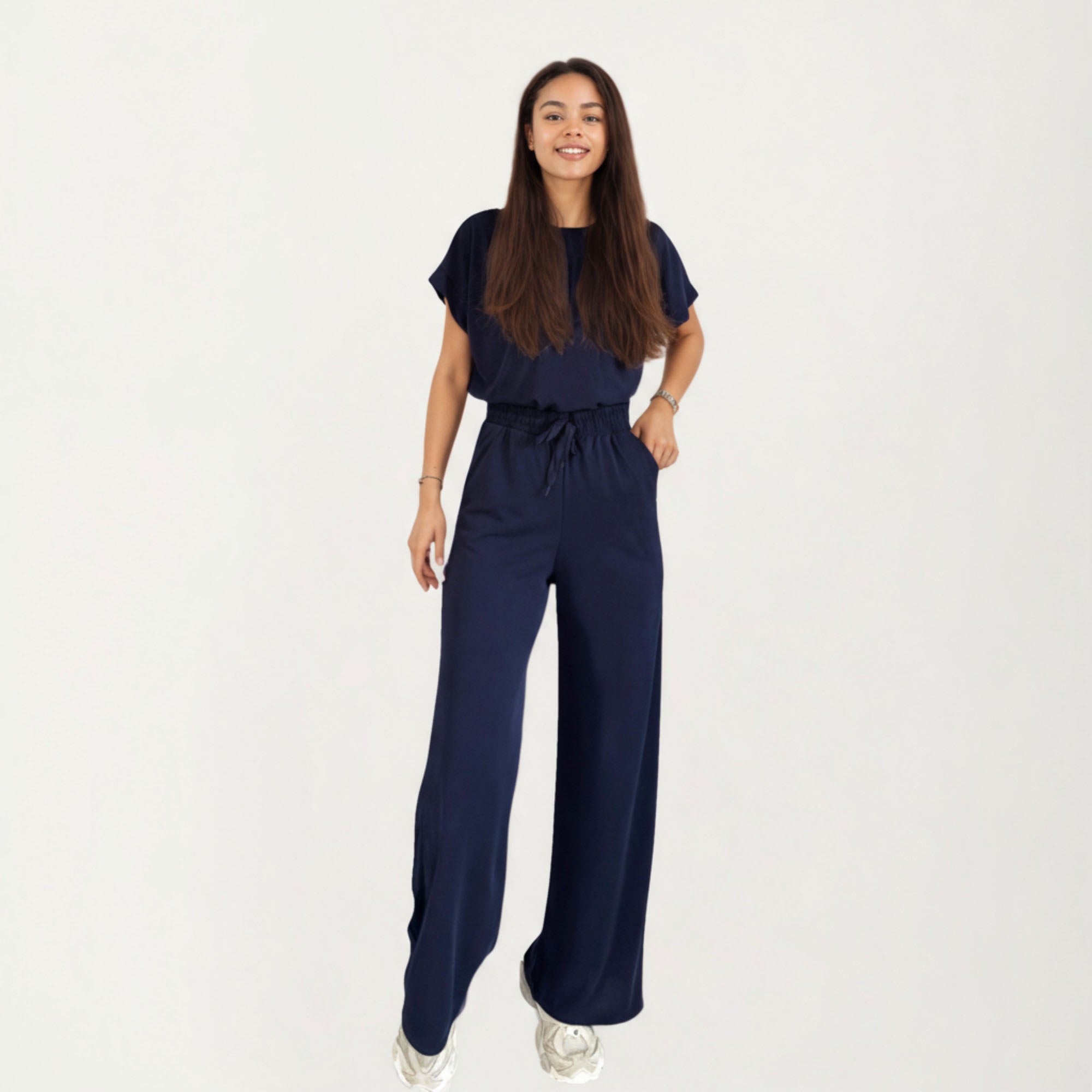 Anna-Kaci Women¡¯s 2-Piece Set Short Sleeve Relaxed Fit Top and Wide Leg Pants with Soft Stretch Fabric and Drawstring Waist