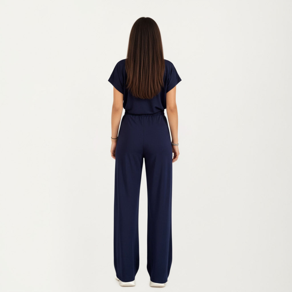 Anna-Kaci Women¡¯s 2-Piece Set Short Sleeve Relaxed Fit Top and Wide Leg Pants with Soft Stretch Fabric and Drawstring Waist