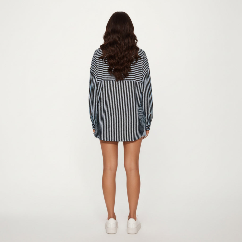 Anna-Kaci Women's Textured Vertical Stripe Button Front Shirt with Collared Neckline, Long Sleeves, and Relaxed Fit