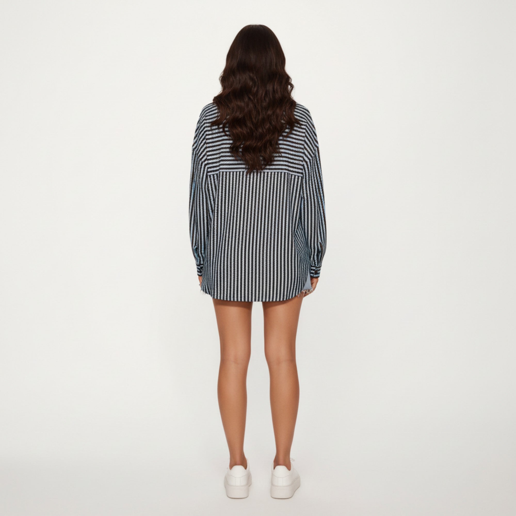 Anna-Kaci Women's Textured Vertical Stripe Button Front Shirt with Collared Neckline, Long Sleeves, and Relaxed Fit