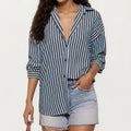 Anna-Kaci Women's Textured Vertical Stripe Button Front Shirt with Collared Neckline, Long Sleeves, and Relaxed Fit
