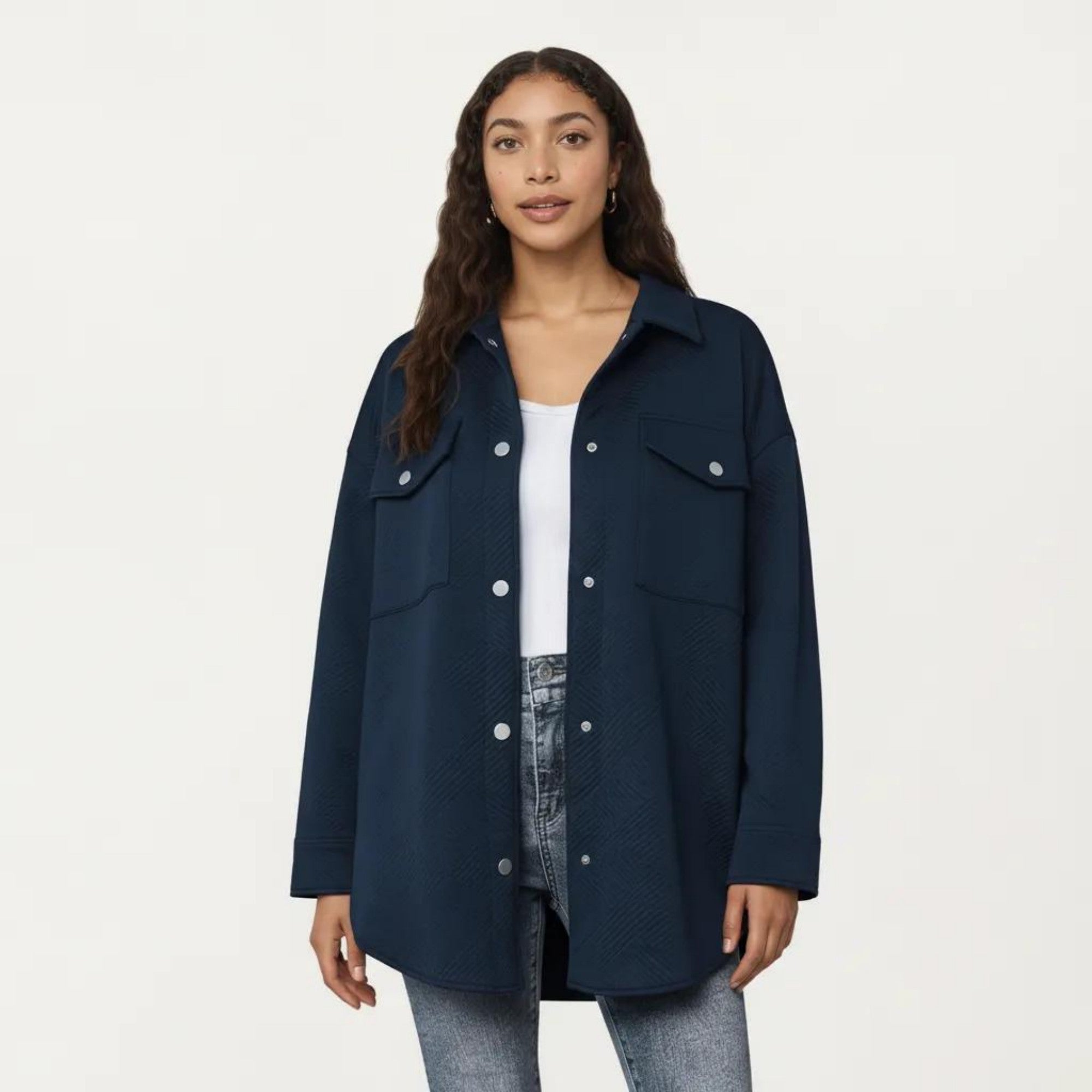 Anna-Kaci Women's Quilted Button Front Overshirt Top with Collared Neckline, Long Sleeves, and Relaxed Fit