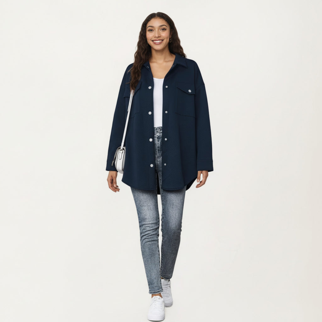 Anna-Kaci Women's Quilted Button Front Overshirt Top with Collared Neckline, Long Sleeves, and Relaxed Fit