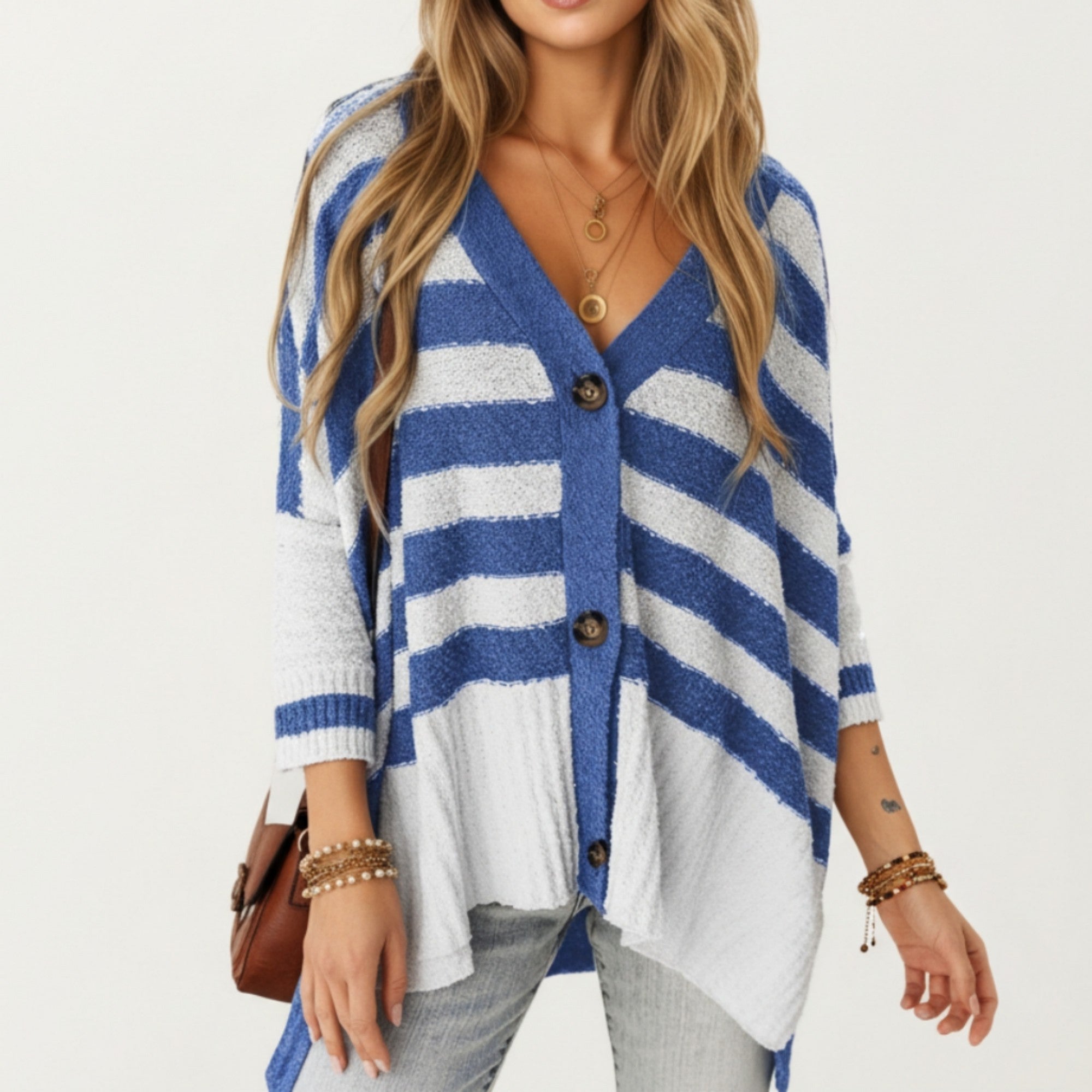 Anna-Kaci Women's Striped Button Front Knit Top with V-Neckline, Relaxed Fit, and Drop Shoulder Sleeves