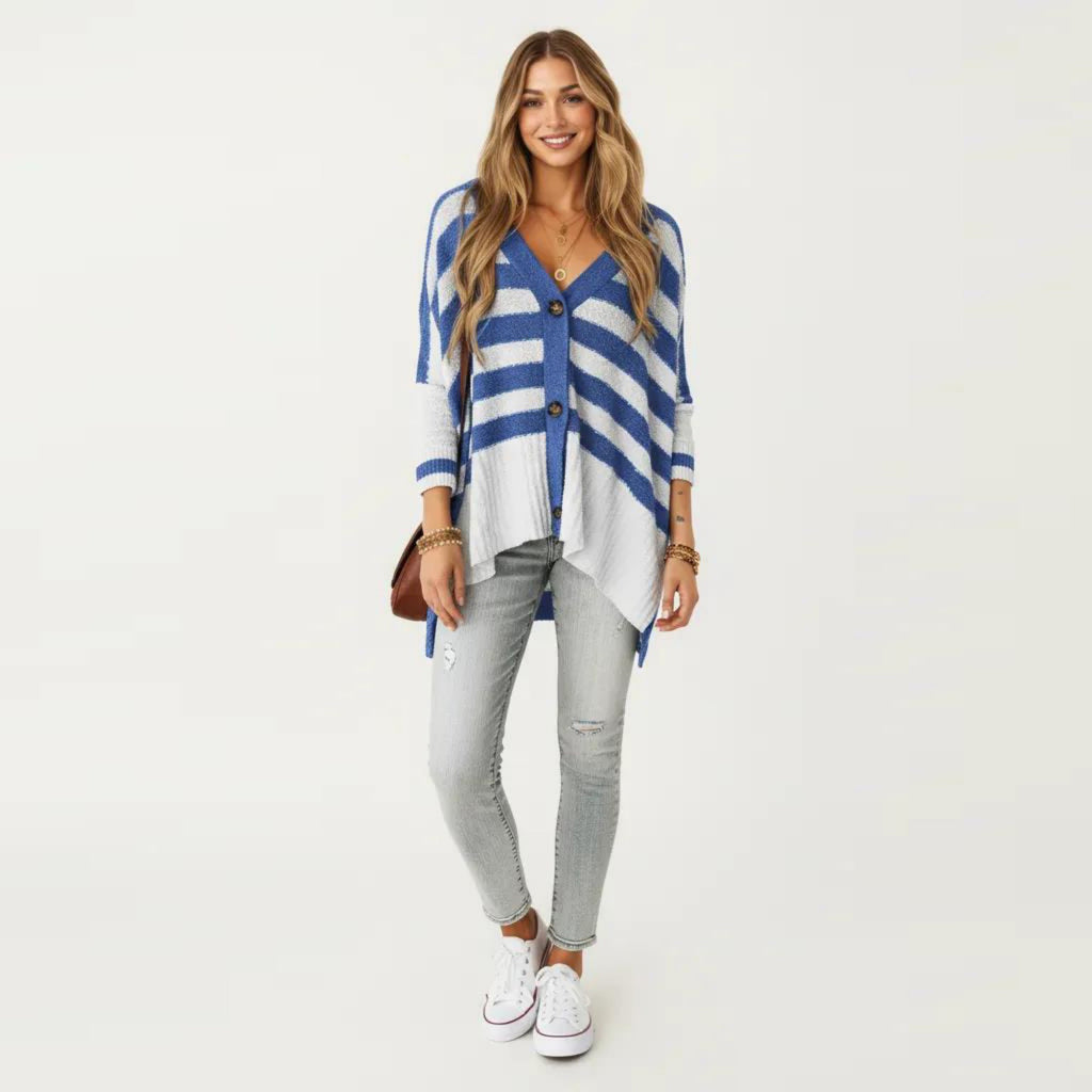 Anna-Kaci Women's Striped Button Front Knit Top with V-Neckline, Relaxed Fit, and Drop Shoulder Sleeves