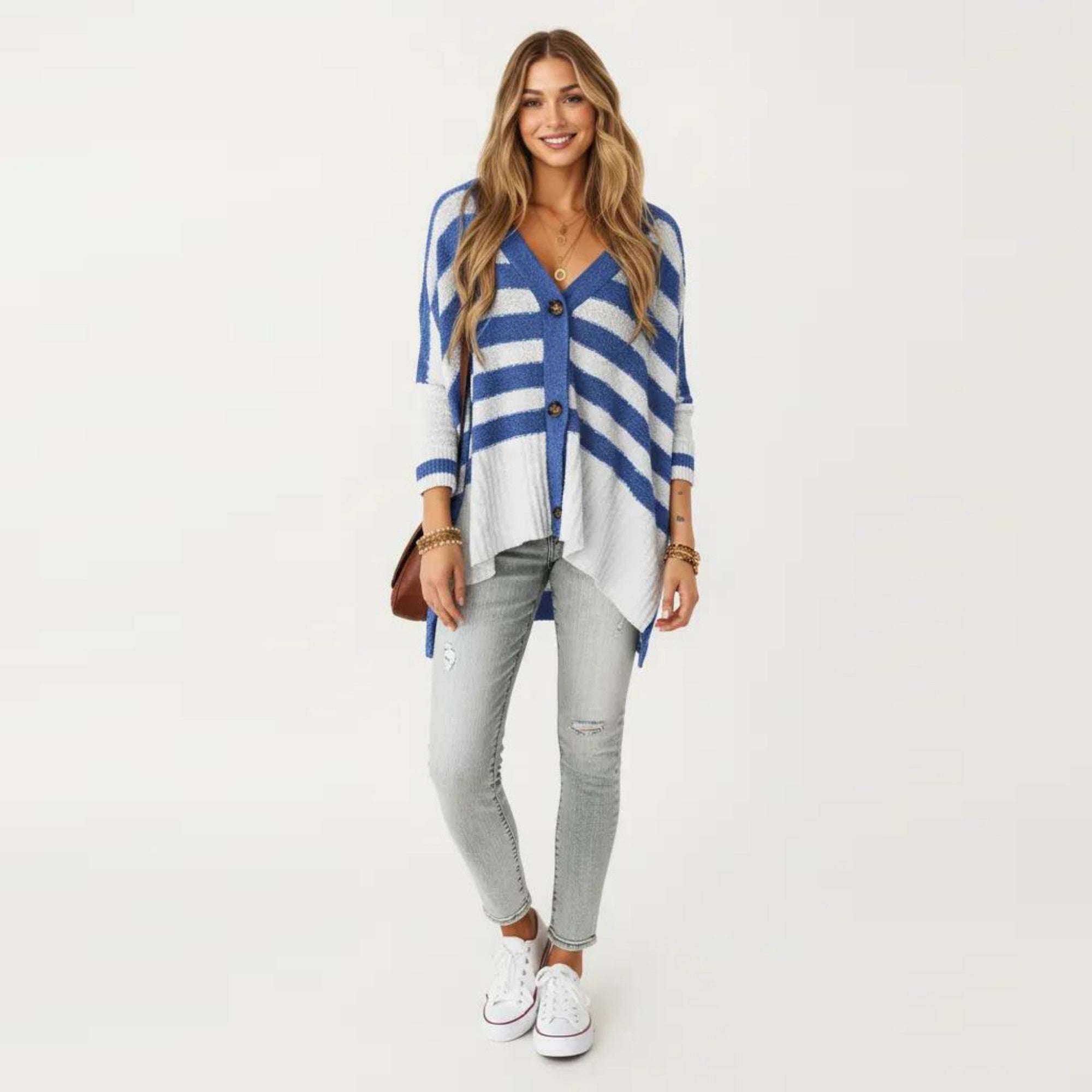 Anna-Kaci Women's Striped Button Front Knit Top with V-Neckline, Relaxed Fit, and Drop Shoulder Sleeves