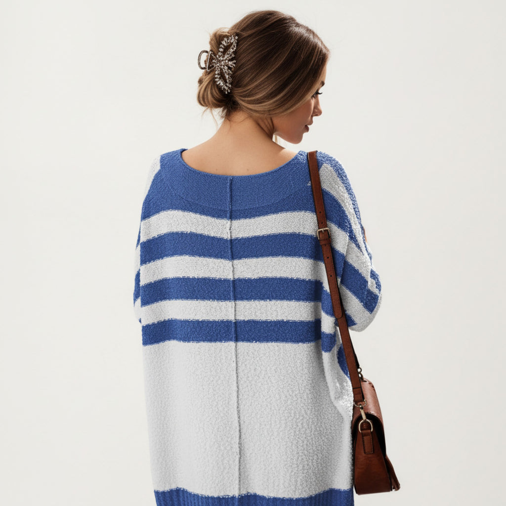 Anna-Kaci Women's Striped Button Front Knit Top with V-Neckline, Relaxed Fit, and Drop Shoulder Sleeves