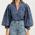 Anna-Kaci Women's Paisley Print Long Sleeve Blouse with Split Neckline and Relaxed Balloon Sleeves