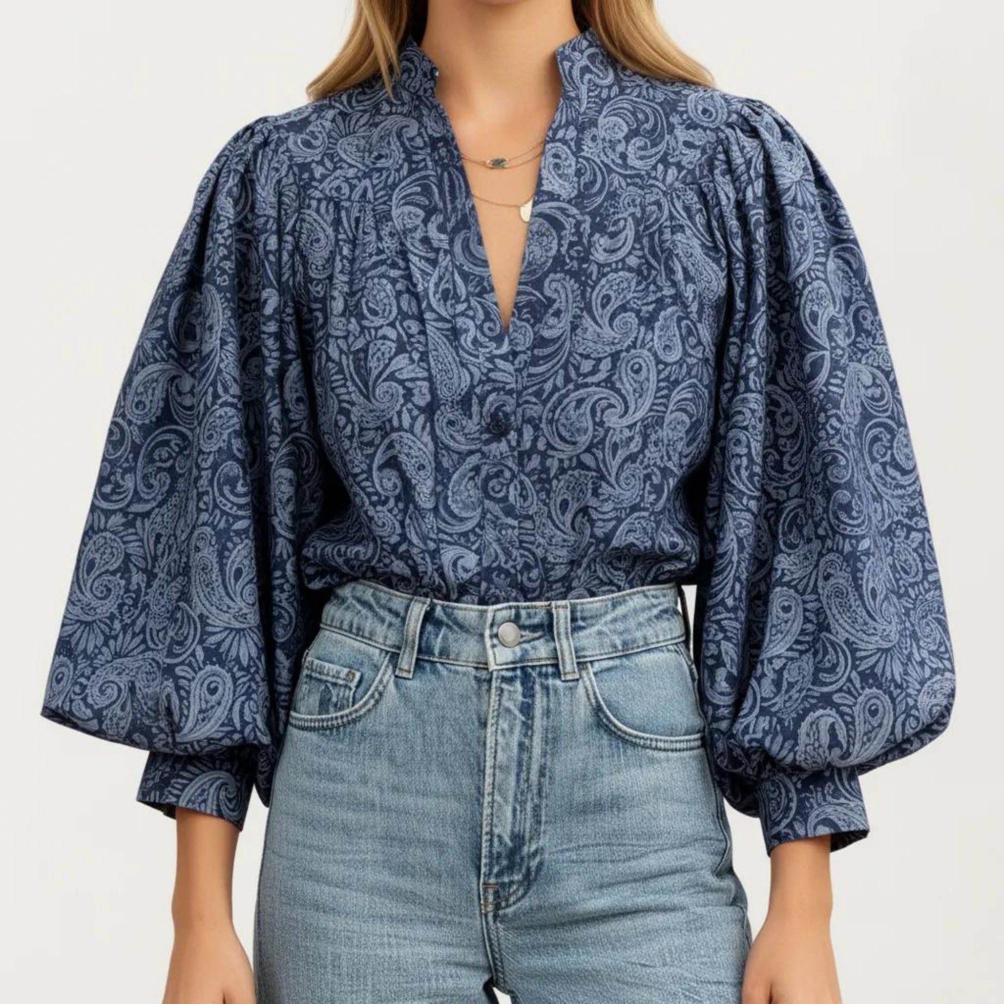 Anna-Kaci Women's Paisley Print Long Sleeve Blouse with Split Neckline and Relaxed Balloon Sleeves