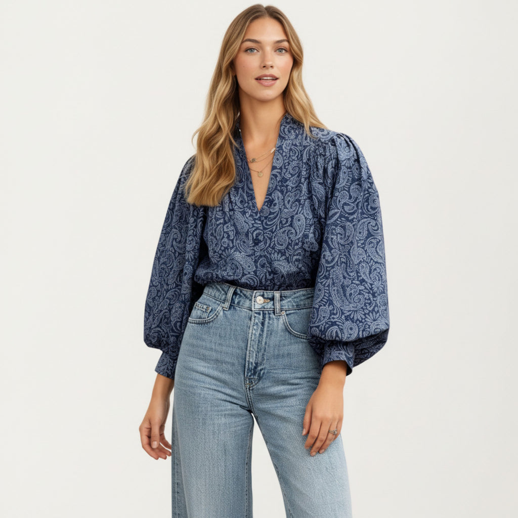 Anna-Kaci Women's Paisley Print Long Sleeve Blouse with Split Neckline and Relaxed Balloon Sleeves
