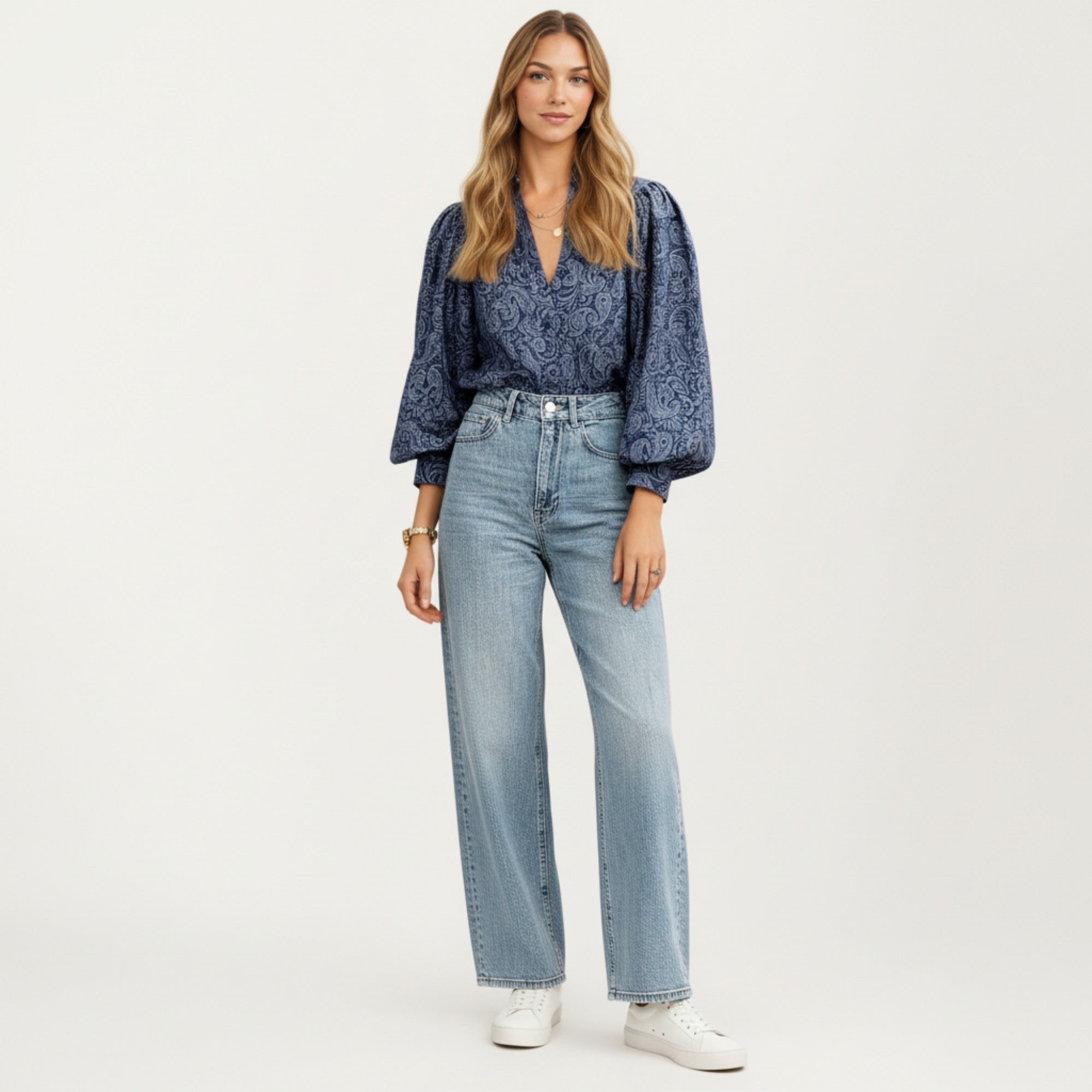 Anna-Kaci Women's Paisley Print Long Sleeve Blouse with Split Neckline and Relaxed Balloon Sleeves
