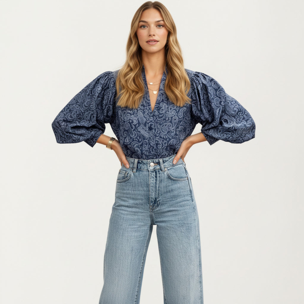 Anna-Kaci Women's Paisley Print Long Sleeve Blouse with Split Neckline and Relaxed Balloon Sleeves