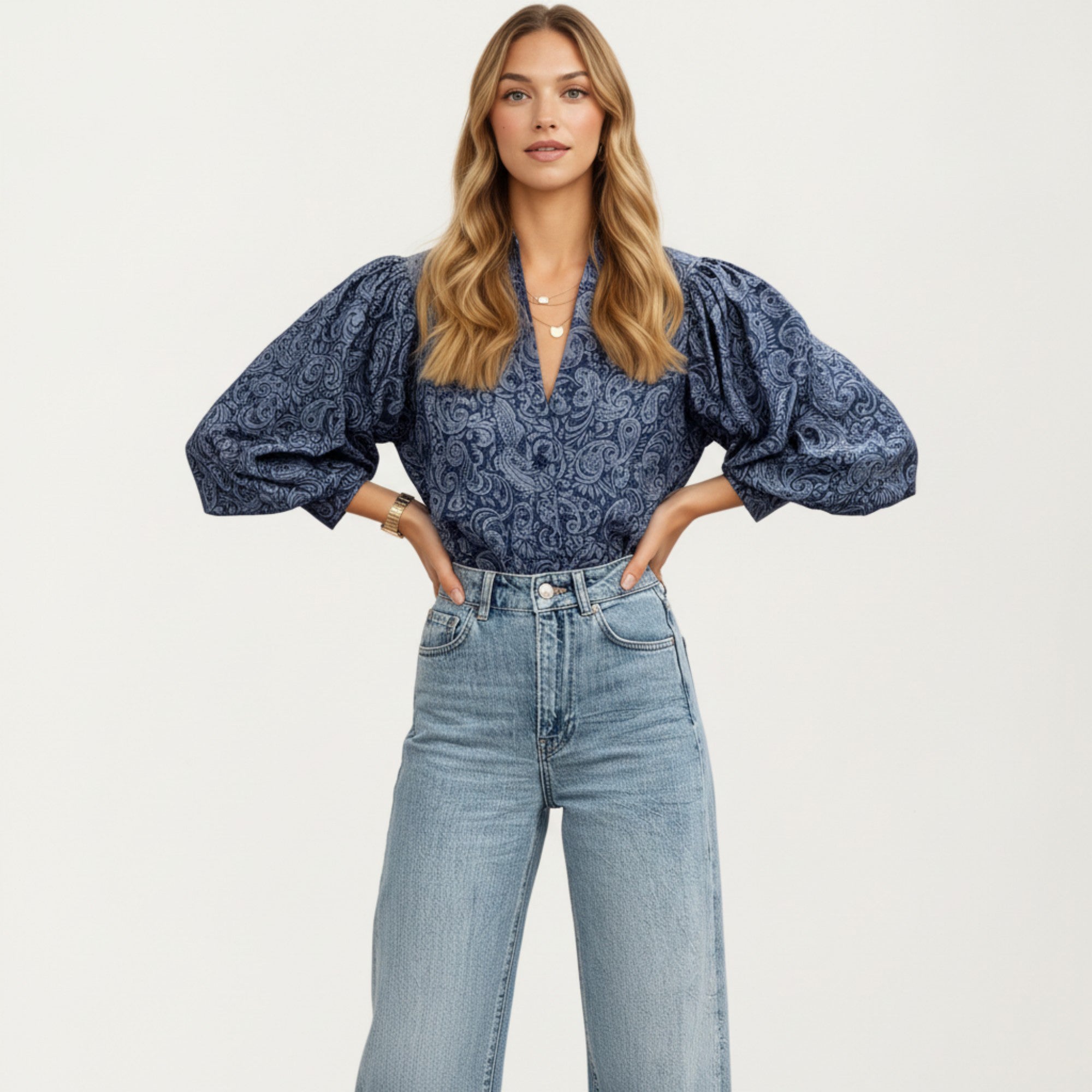 Anna-Kaci Women's Paisley Print Long Sleeve Blouse with Split Neckline and Relaxed Balloon Sleeves