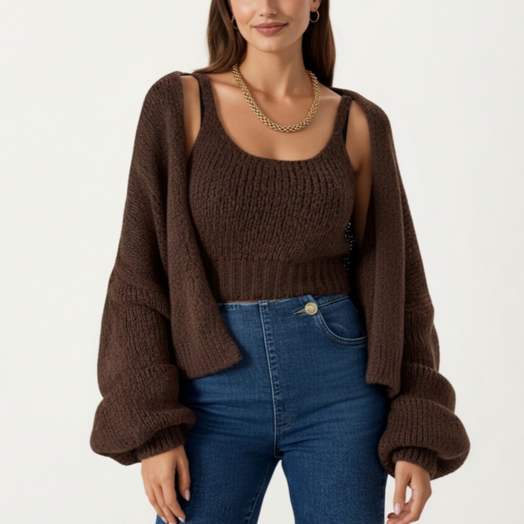 Anna-Kaci Women's 2-Piece Knit Tank and Cardigan Set with Ribbed Texture Scoop Neck and Long Sleeves