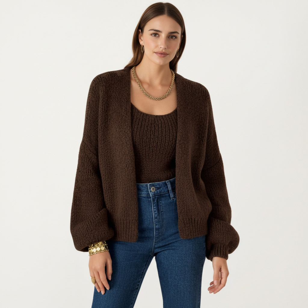 Anna-Kaci Women's 2-Piece Knit Tank and Cardigan Set with Ribbed Texture Scoop Neck and Long Sleeves
