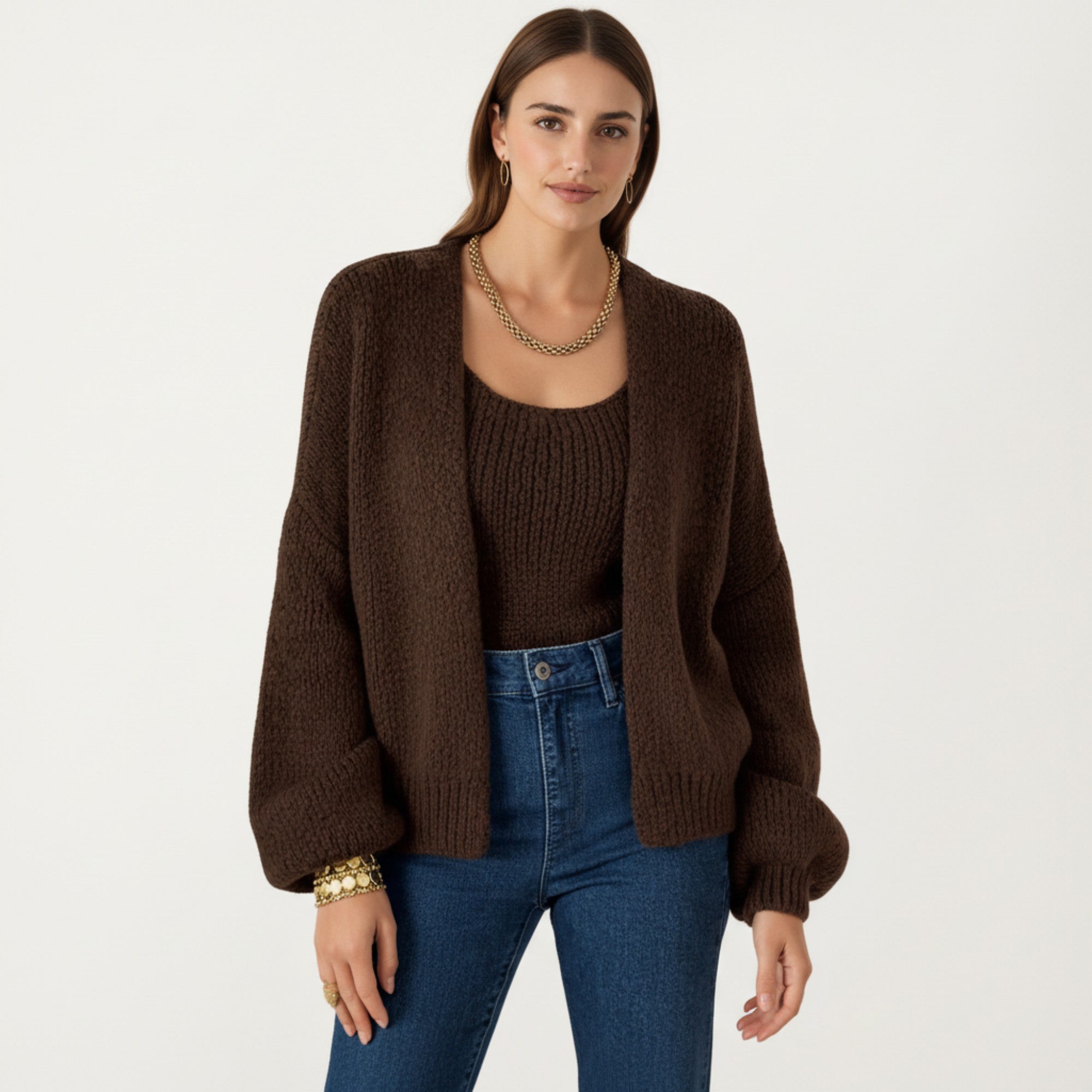 Anna-Kaci Women's 2-Piece Knit Tank and Cardigan Set with Ribbed Texture Scoop Neck and Long Sleeves