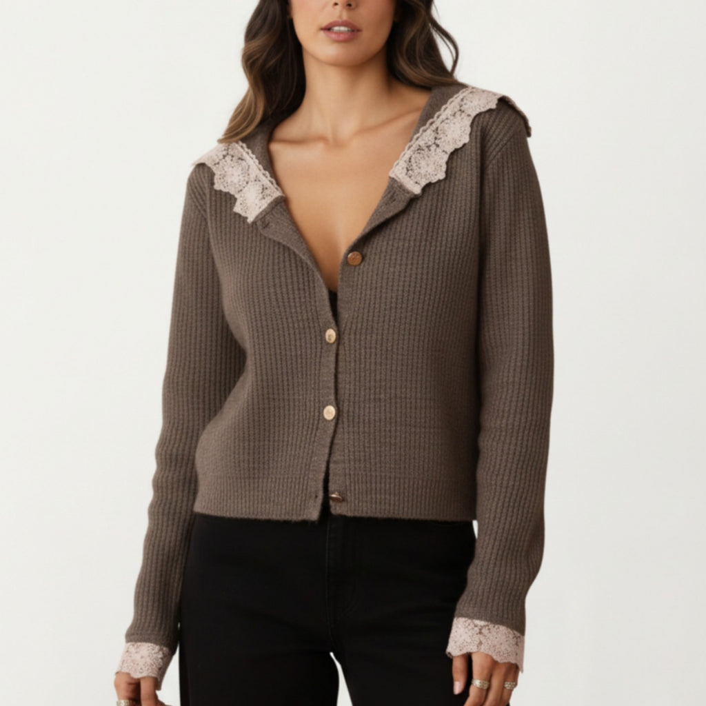 Anna-Kaci Women's Long Sleeve Ribbed Knit Top with Lace Trim Collar and Button Front Detail