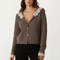 Anna-Kaci Women's Long Sleeve Ribbed Knit Top with Lace Trim Collar and Button Front Detail