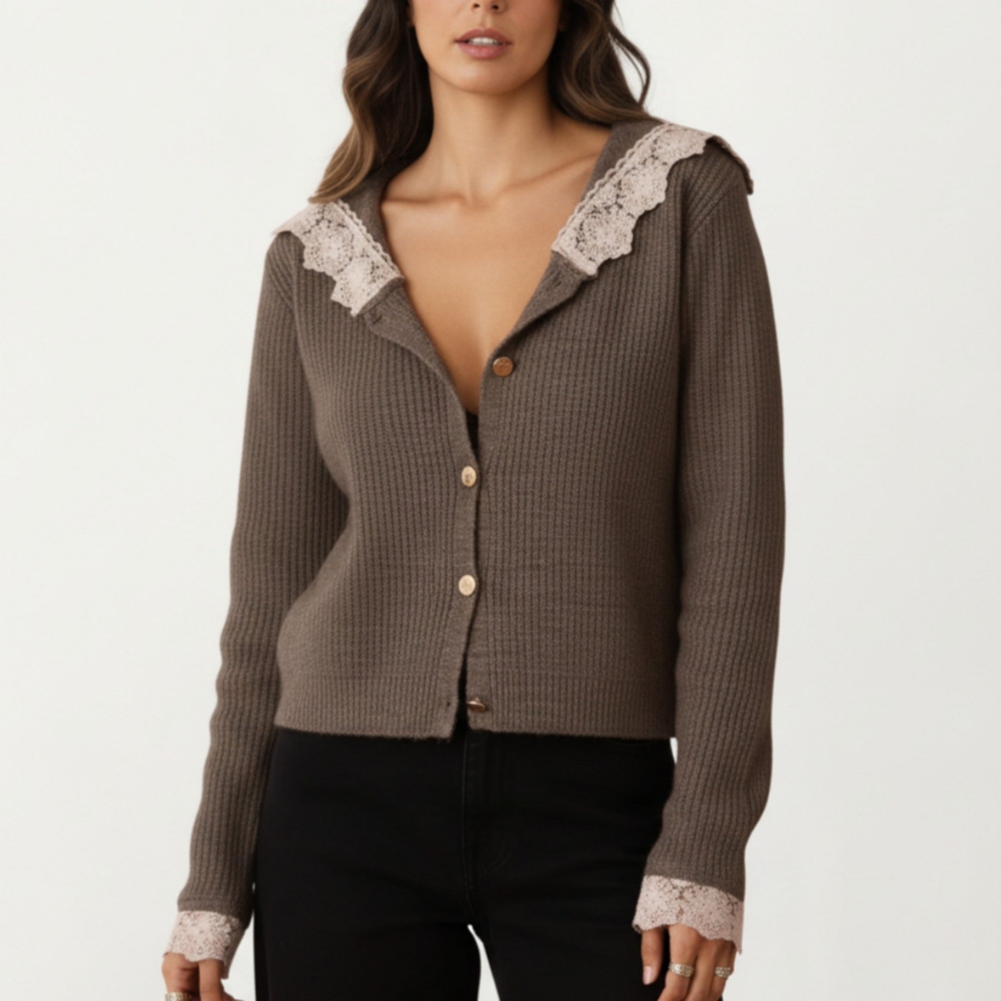Anna-Kaci Women's Long Sleeve Ribbed Knit Top with Lace Trim Collar and Button Front Detail