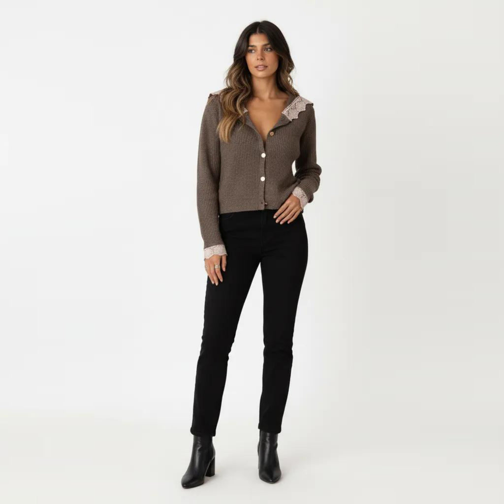 Anna-Kaci Women's Long Sleeve Ribbed Knit Top with Lace Trim Collar and Button Front Detail