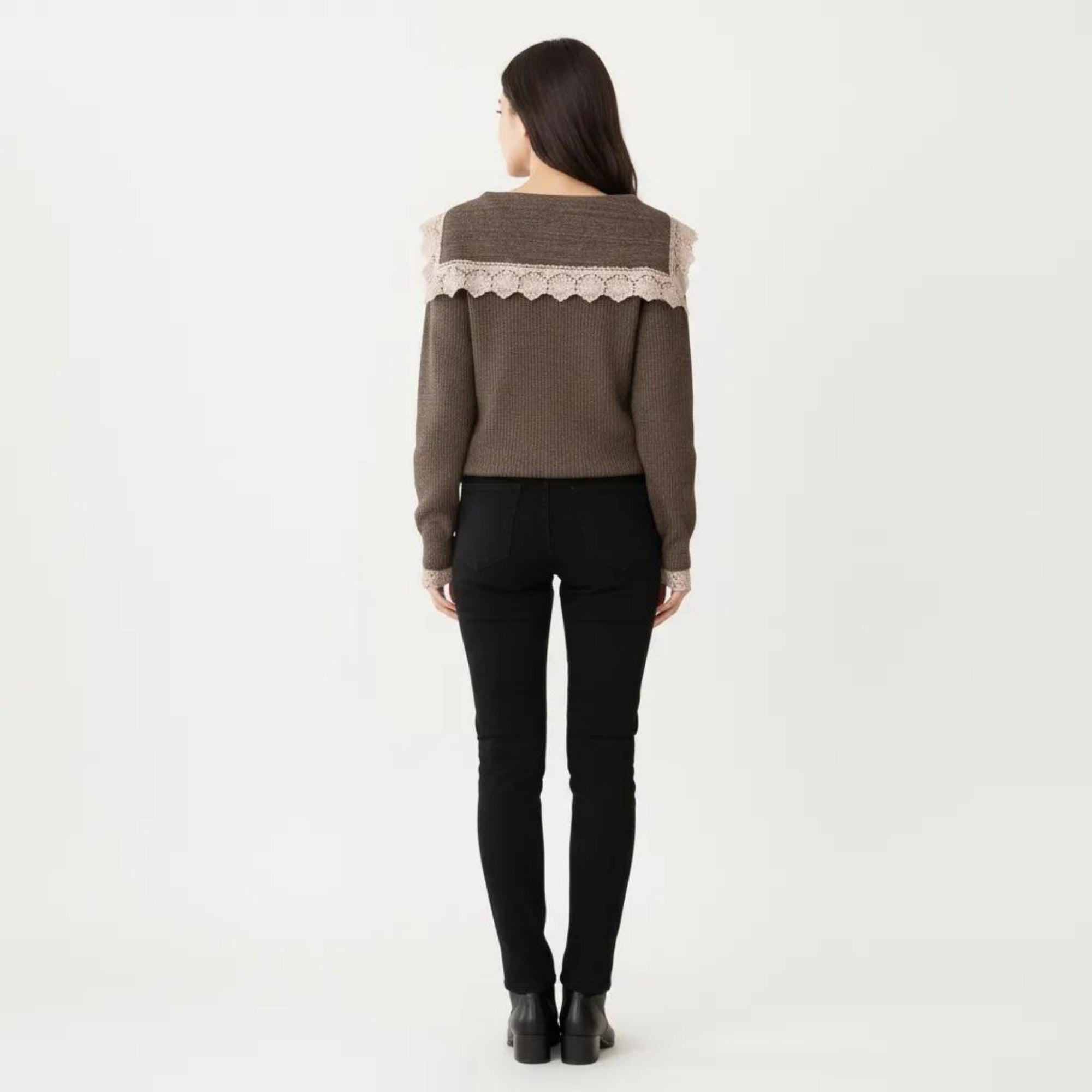 Anna-Kaci Women's Long Sleeve Ribbed Knit Top with Lace Trim Collar and Button Front Detail