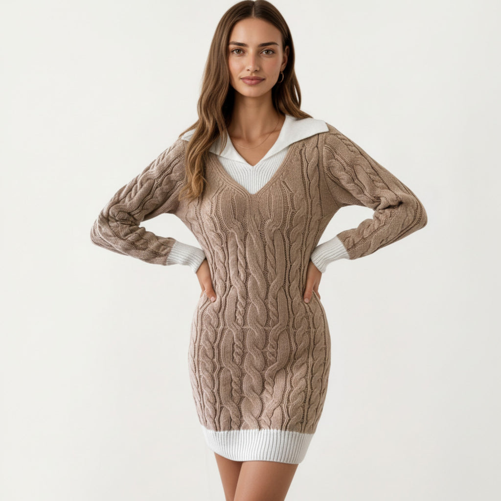 Anna-Kaci Women's Cable Knit Sweater Dress with V Neck Collar Detail and Long Sleeves