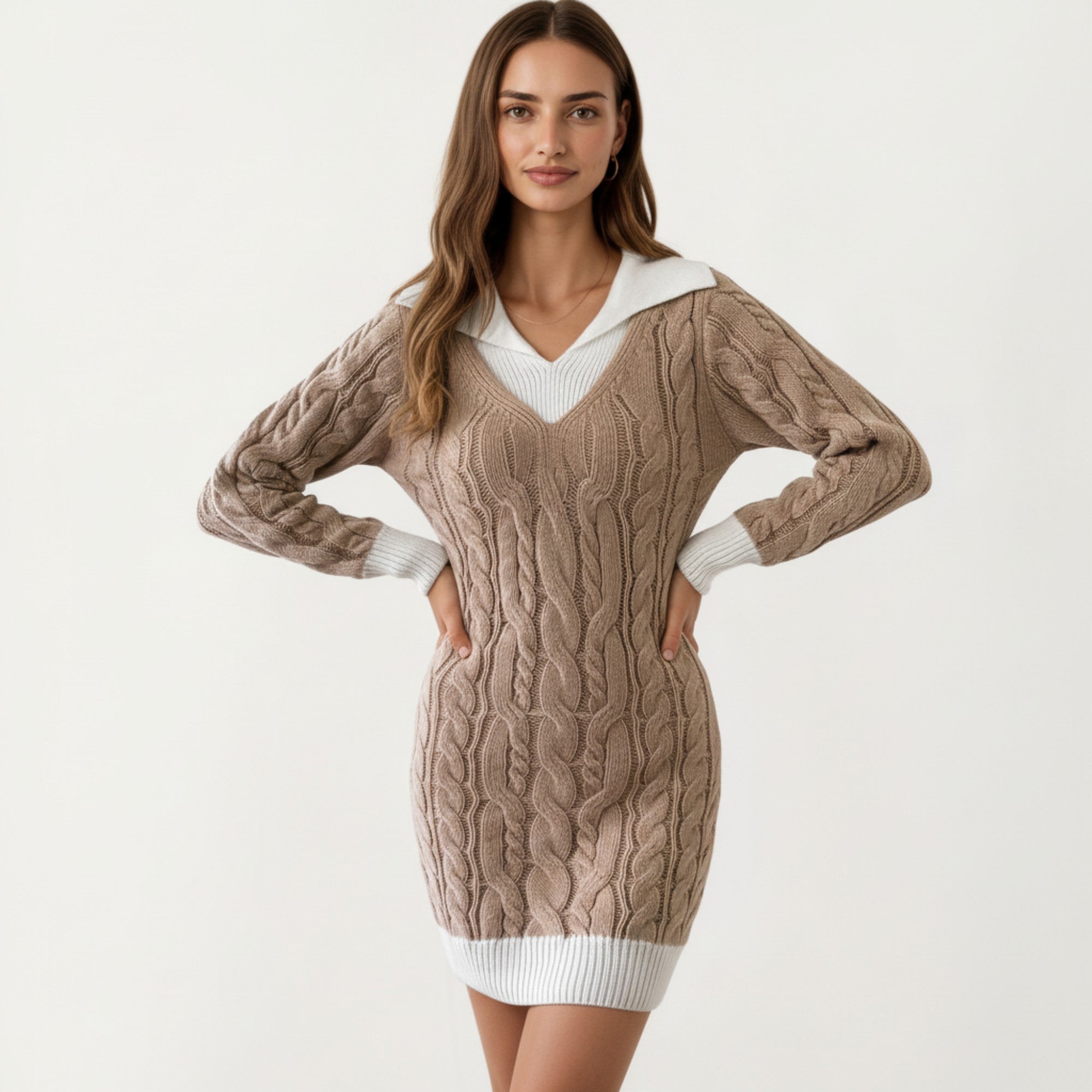 Anna-Kaci Women's Cable Knit Sweater Dress with V Neck Collar Detail and Long Sleeves
