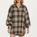 Anna-Kaci Women¡¯s Oversized Plaid Shirt Dress with Long Balloon Sleeves Button Front Collar Detail and Soft Draping Silhouette