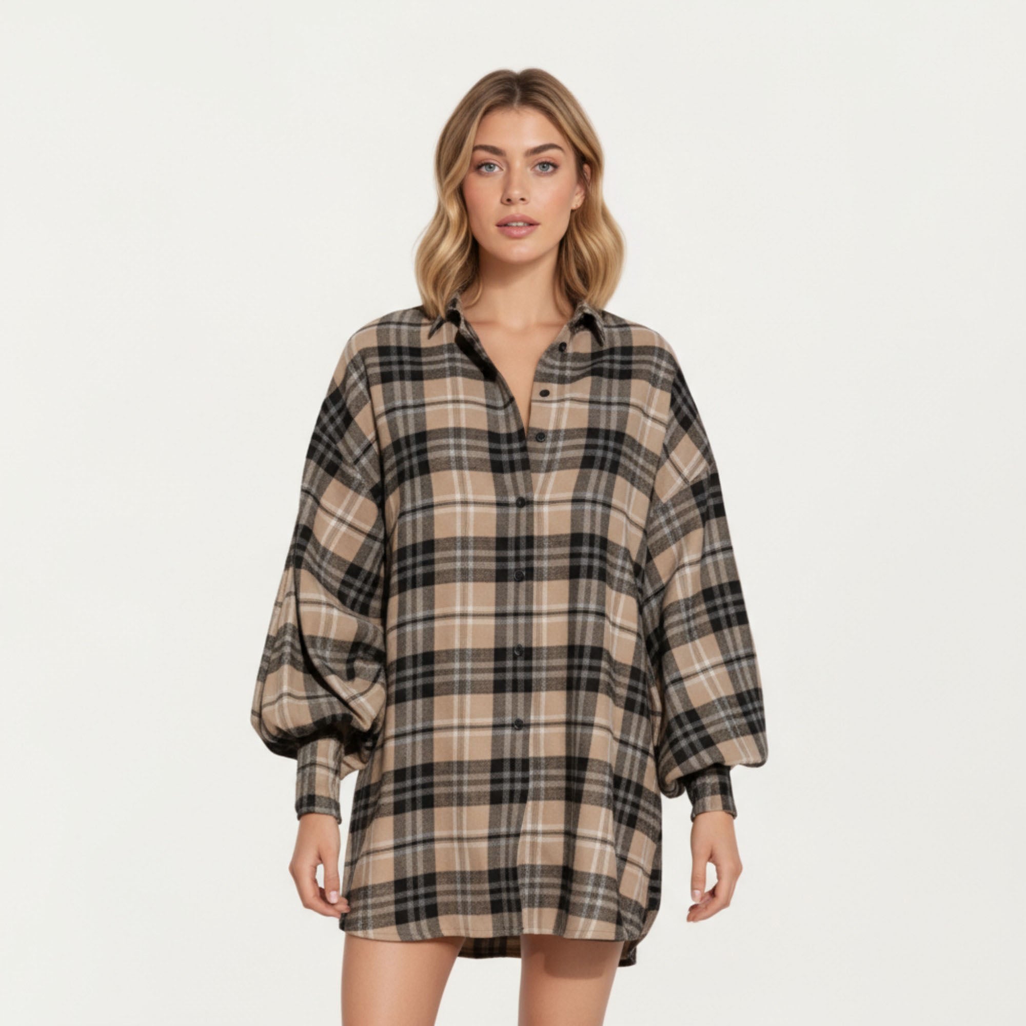 Anna-Kaci Women¡¯s Oversized Plaid Shirt Dress with Long Balloon Sleeves Button Front Collar Detail and Soft Draping Silhouette