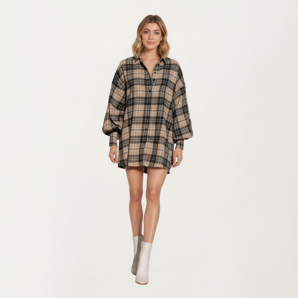 Anna-Kaci Women¡¯s Oversized Plaid Shirt Dress with Long Balloon Sleeves Button Front Collar Detail and Soft Draping Silhouette