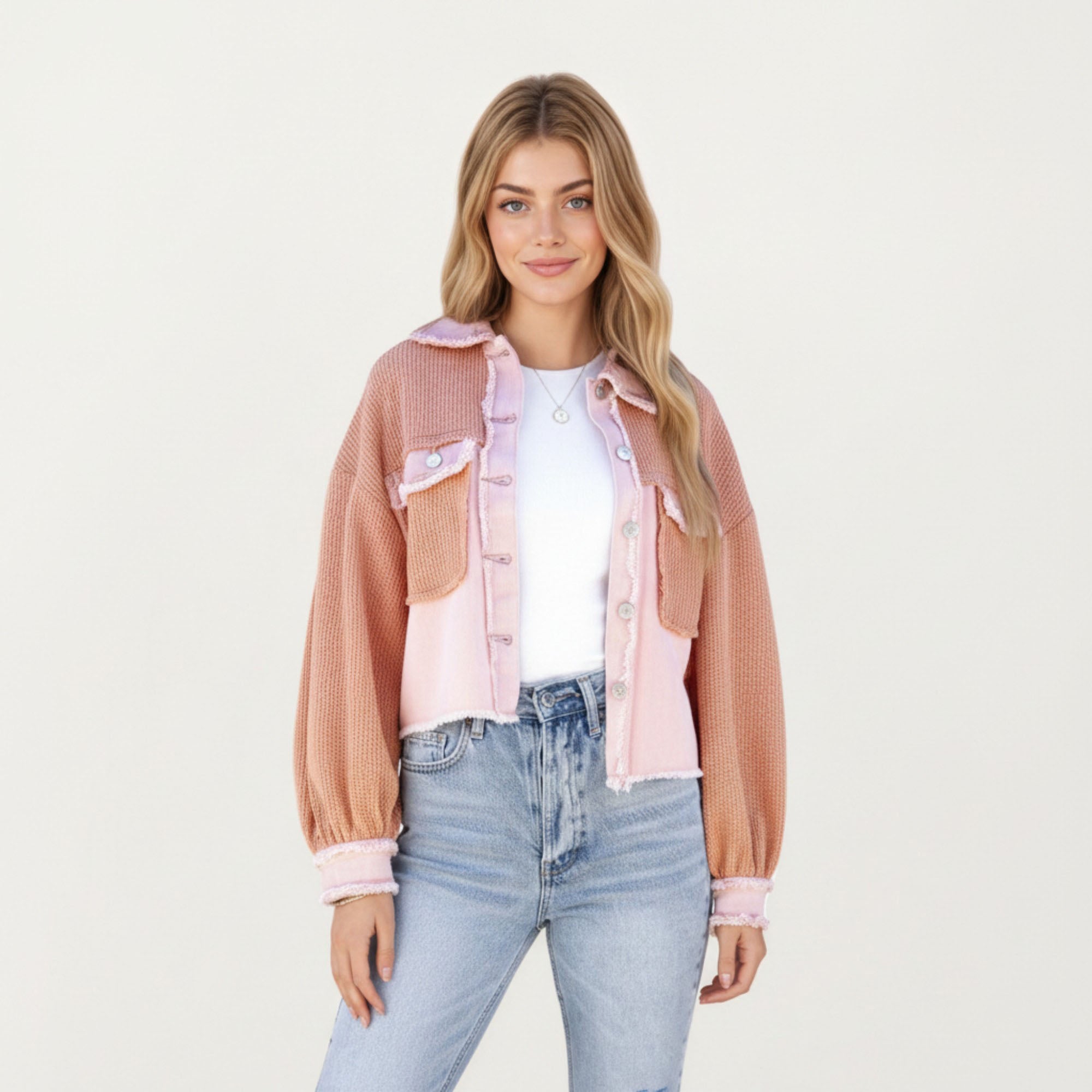 Anna-Kaci Women¡¯s Textured Waffle Knit and Denim Contrast Jacket with Frayed Trim Long Balloon Sleeves and Layering Silhouette