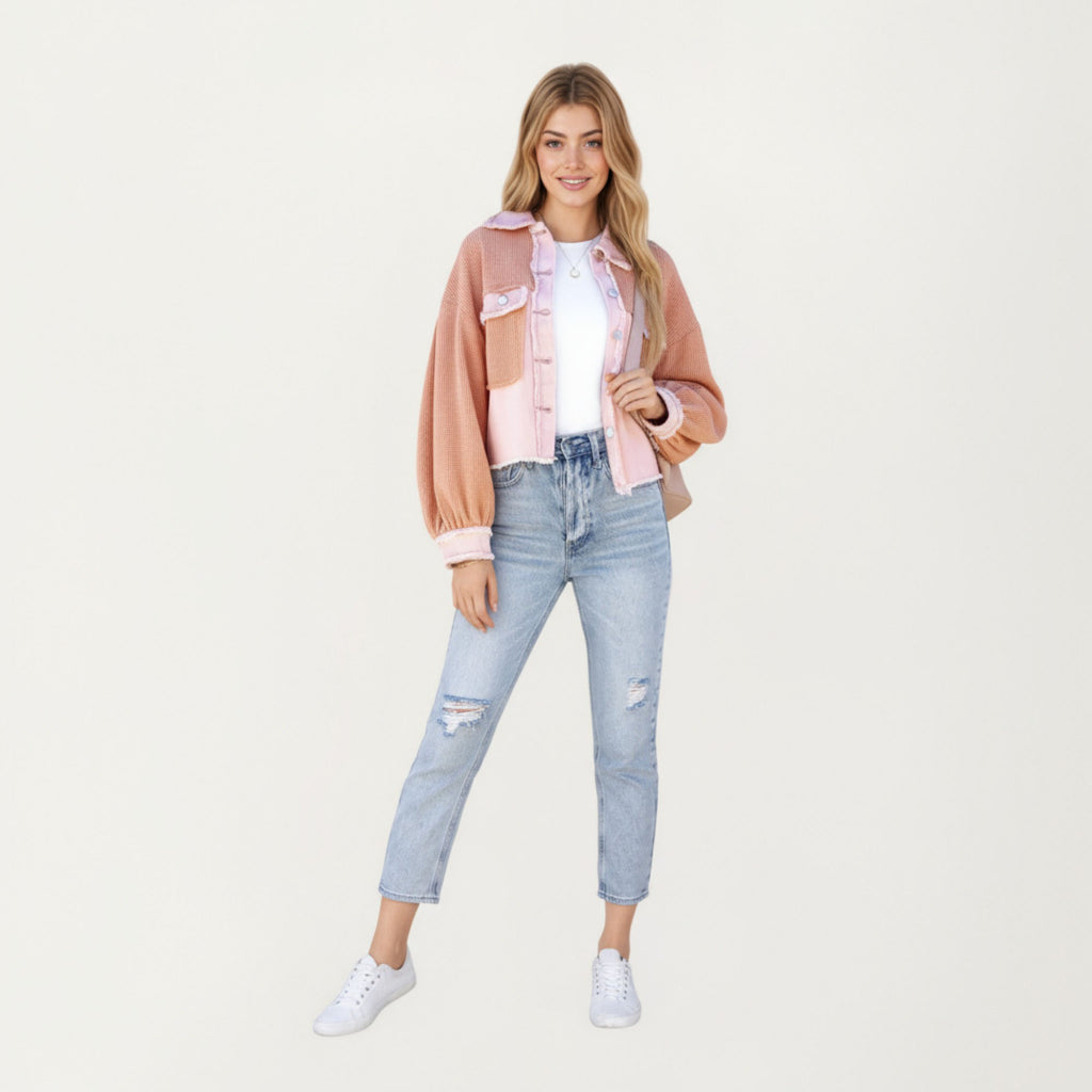 Anna-Kaci Women¡¯s Textured Waffle Knit and Denim Contrast Jacket with Frayed Trim Long Balloon Sleeves and Layering Silhouette