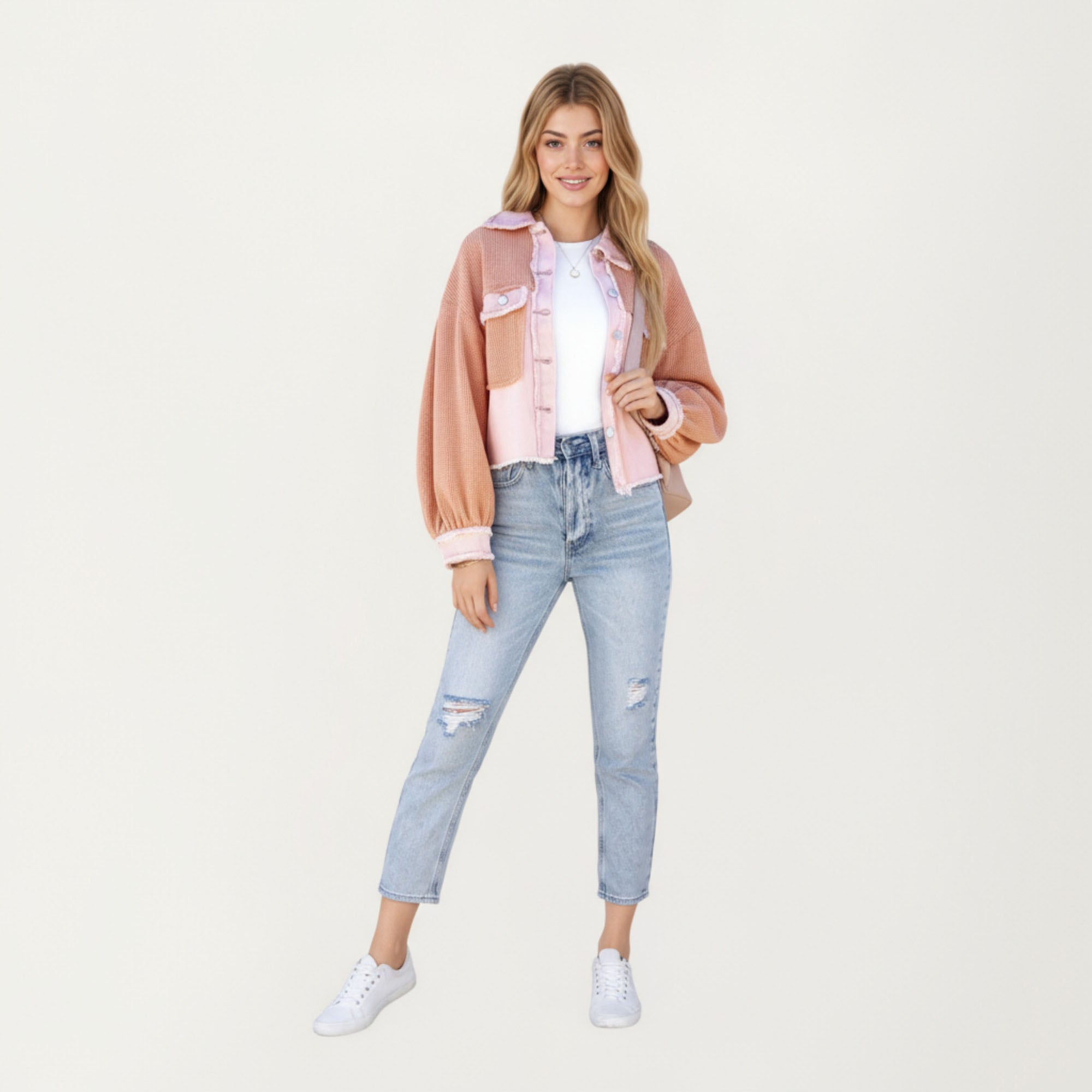 Anna-Kaci Women¡¯s Textured Waffle Knit and Denim Contrast Jacket with Frayed Trim Long Balloon Sleeves and Layering Silhouette