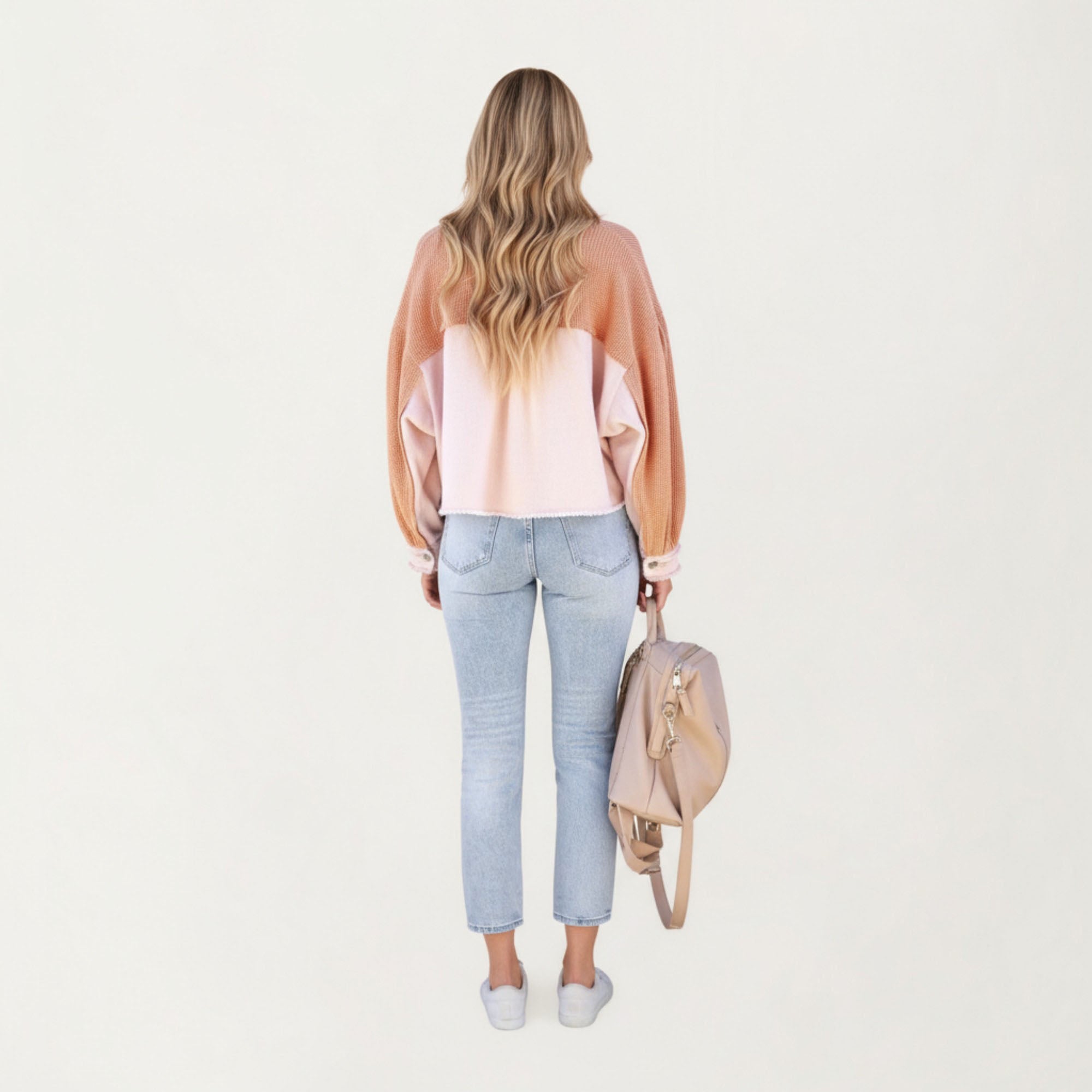 Anna-Kaci Women¡¯s Textured Waffle Knit and Denim Contrast Jacket with Frayed Trim Long Balloon Sleeves and Layering Silhouette