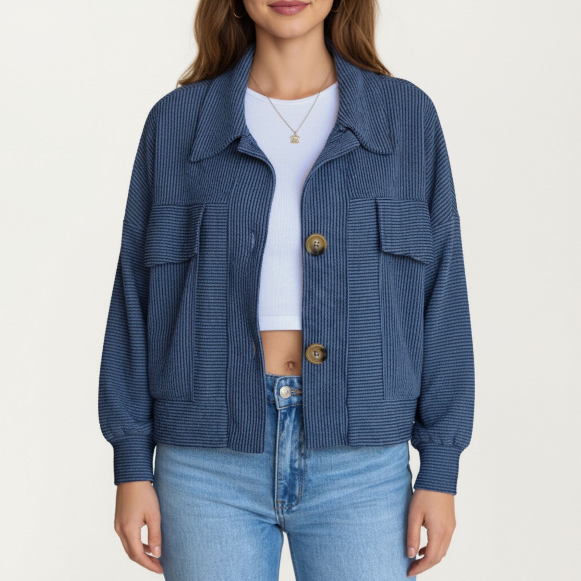 Anna-Kaci Women¡¯s Textured Knit Button Front Jacket with Long Sleeves Oversized Chest Pockets Structured Hem and Everyday Silhouette