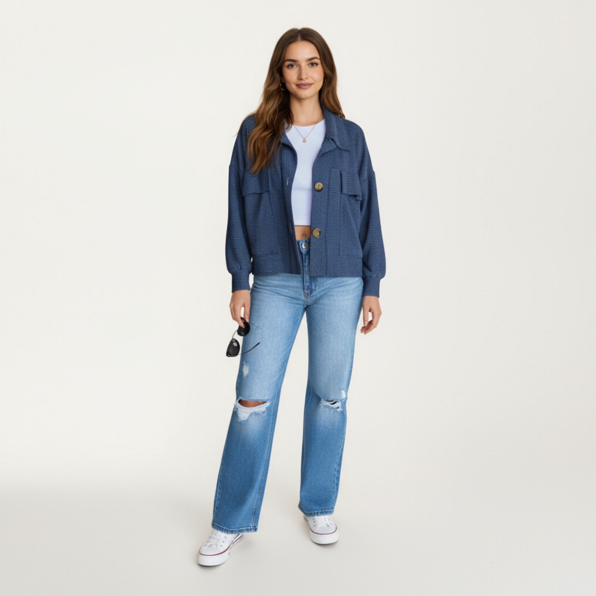 Anna-Kaci Women¡¯s Textured Knit Button Front Jacket with Long Sleeves Oversized Chest Pockets Structured Hem and Everyday Silhouette