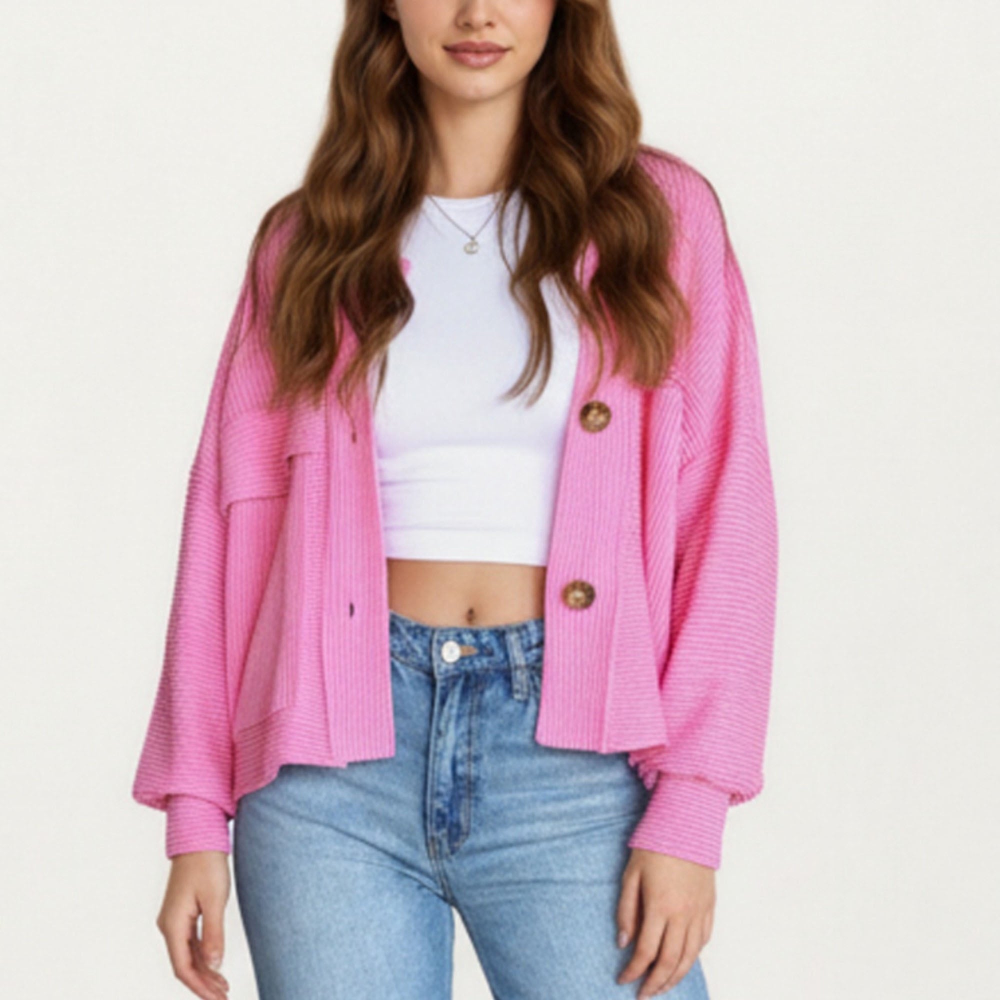 Anna-Kaci Women¡¯s Textured Knit Button Front Jacket with Long Sleeves Oversized Chest Pockets Structured Hem and Everyday Silhouette