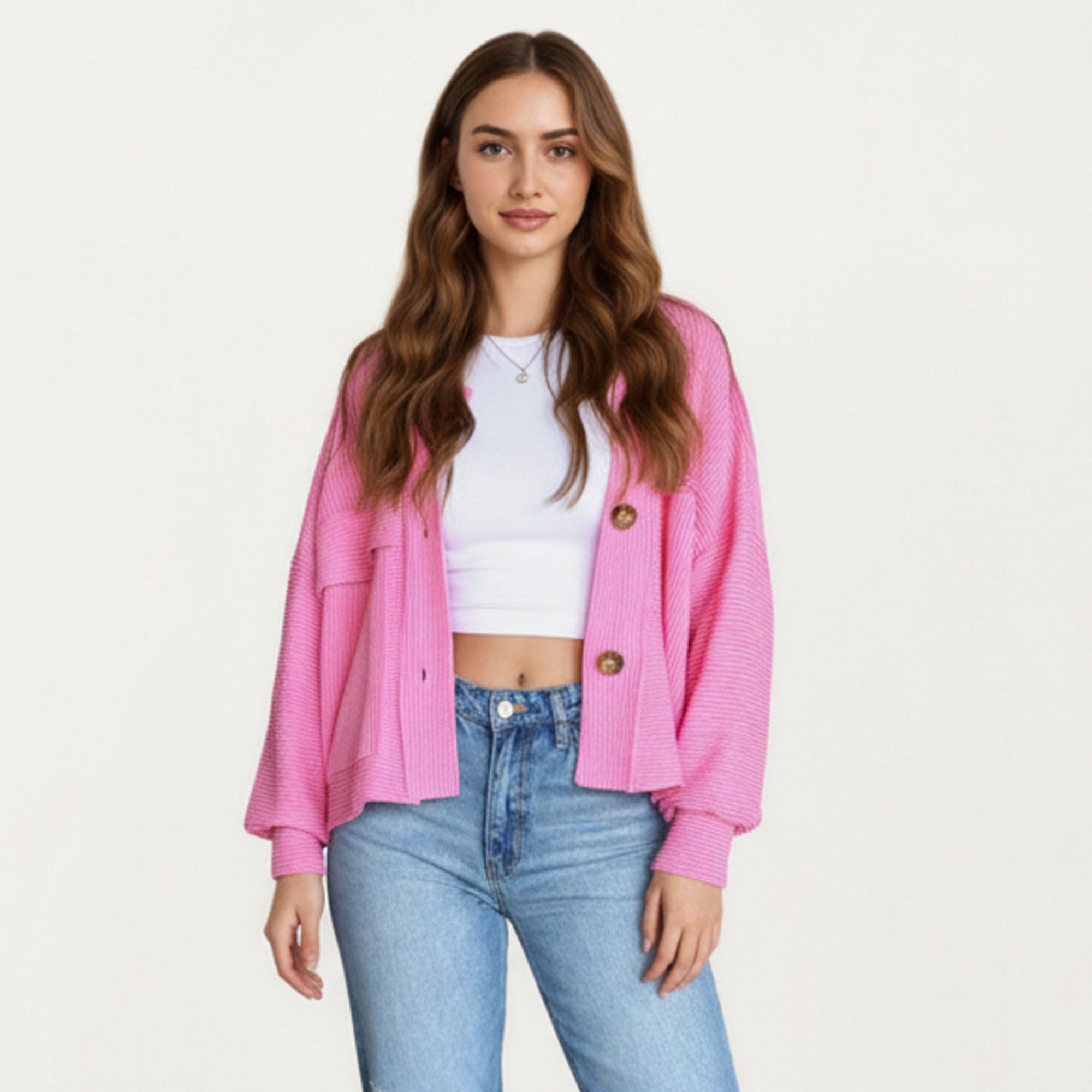 Anna-Kaci Women¡¯s Textured Knit Button Front Jacket with Long Sleeves Oversized Chest Pockets Structured Hem and Everyday Silhouette