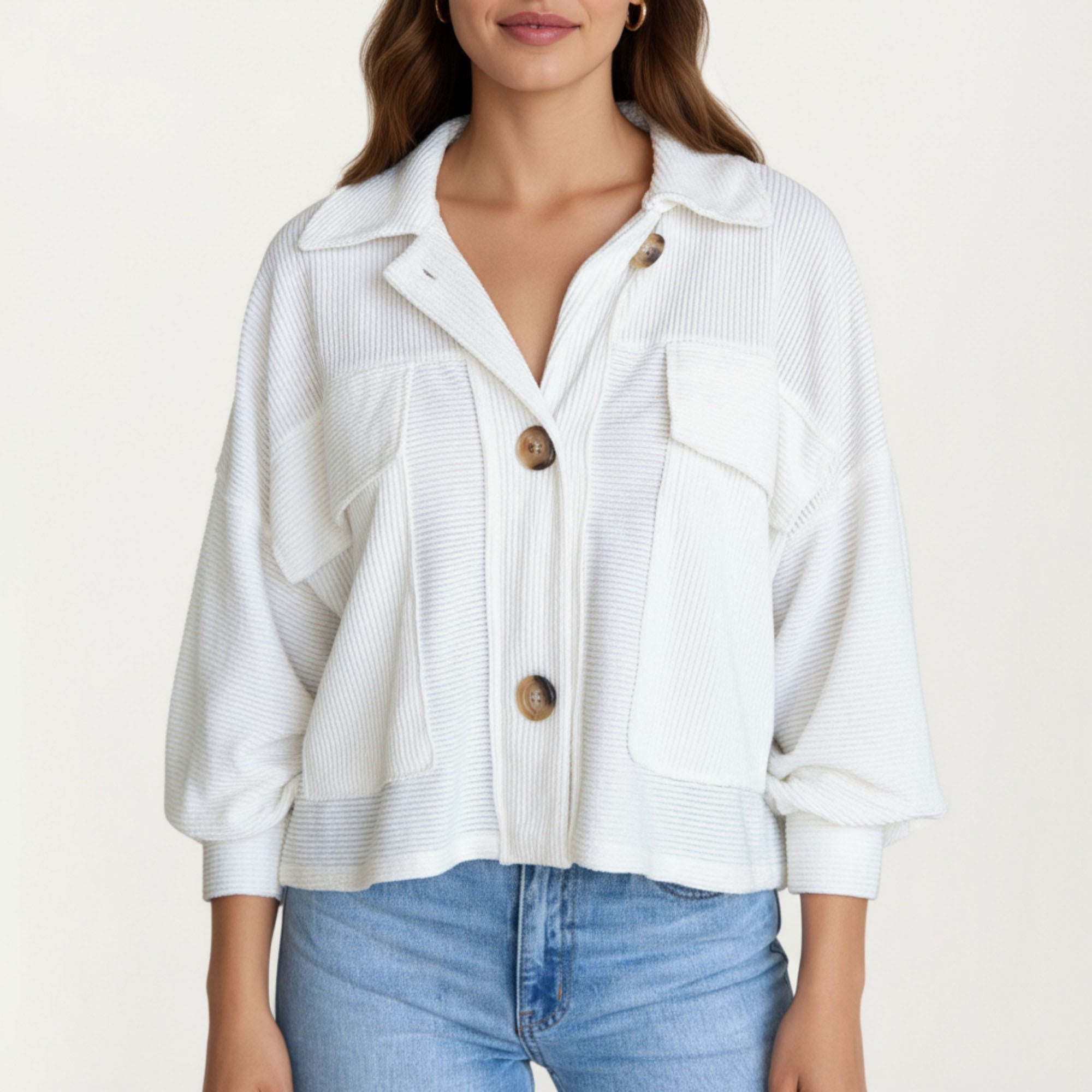 Anna-Kaci Women¡¯s Textured Knit Button Front Jacket with Long Sleeves Oversized Chest Pockets Structured Hem and Everyday Silhouette