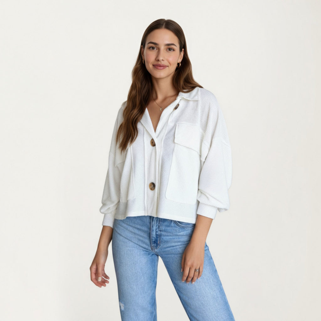 Anna-Kaci Women¡¯s Textured Knit Button Front Jacket with Long Sleeves Oversized Chest Pockets Structured Hem and Everyday Silhouette