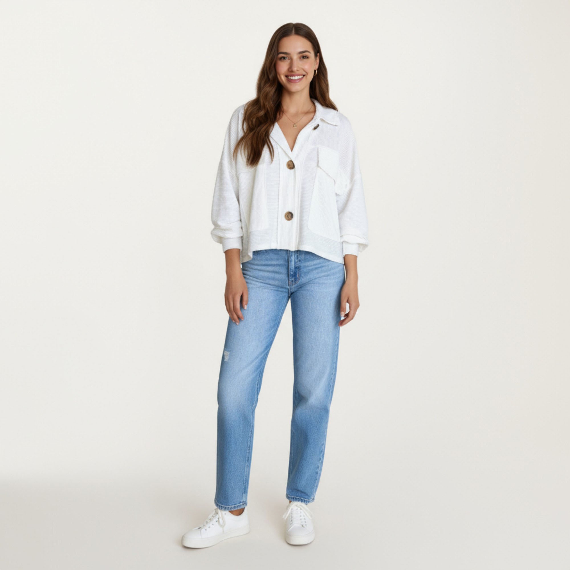Anna-Kaci Women¡¯s Textured Knit Button Front Jacket with Long Sleeves Oversized Chest Pockets Structured Hem and Everyday Silhouette