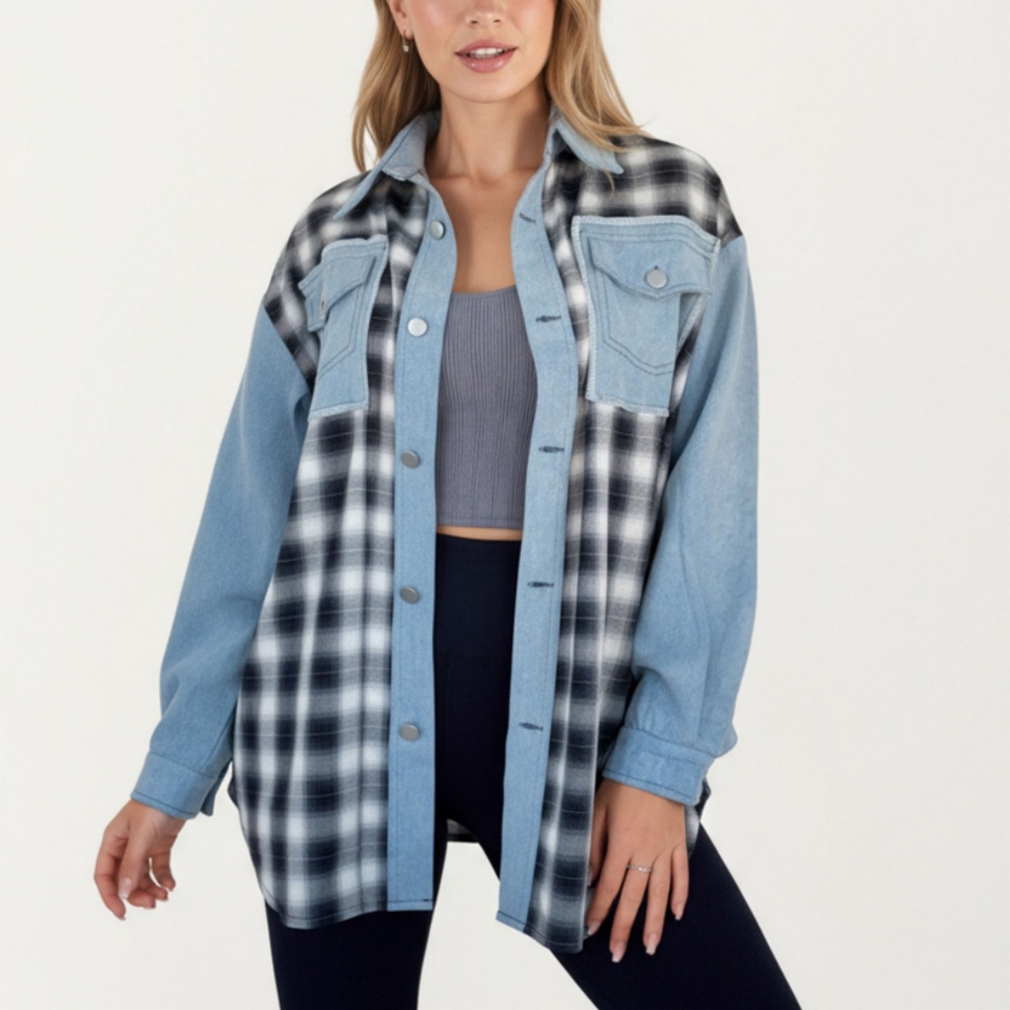 Anna-Kaci Women¡¯s Denim and Plaid Contrast Shacket with Snap Button Front Oversized Chest Pockets and Layering Silhouette
