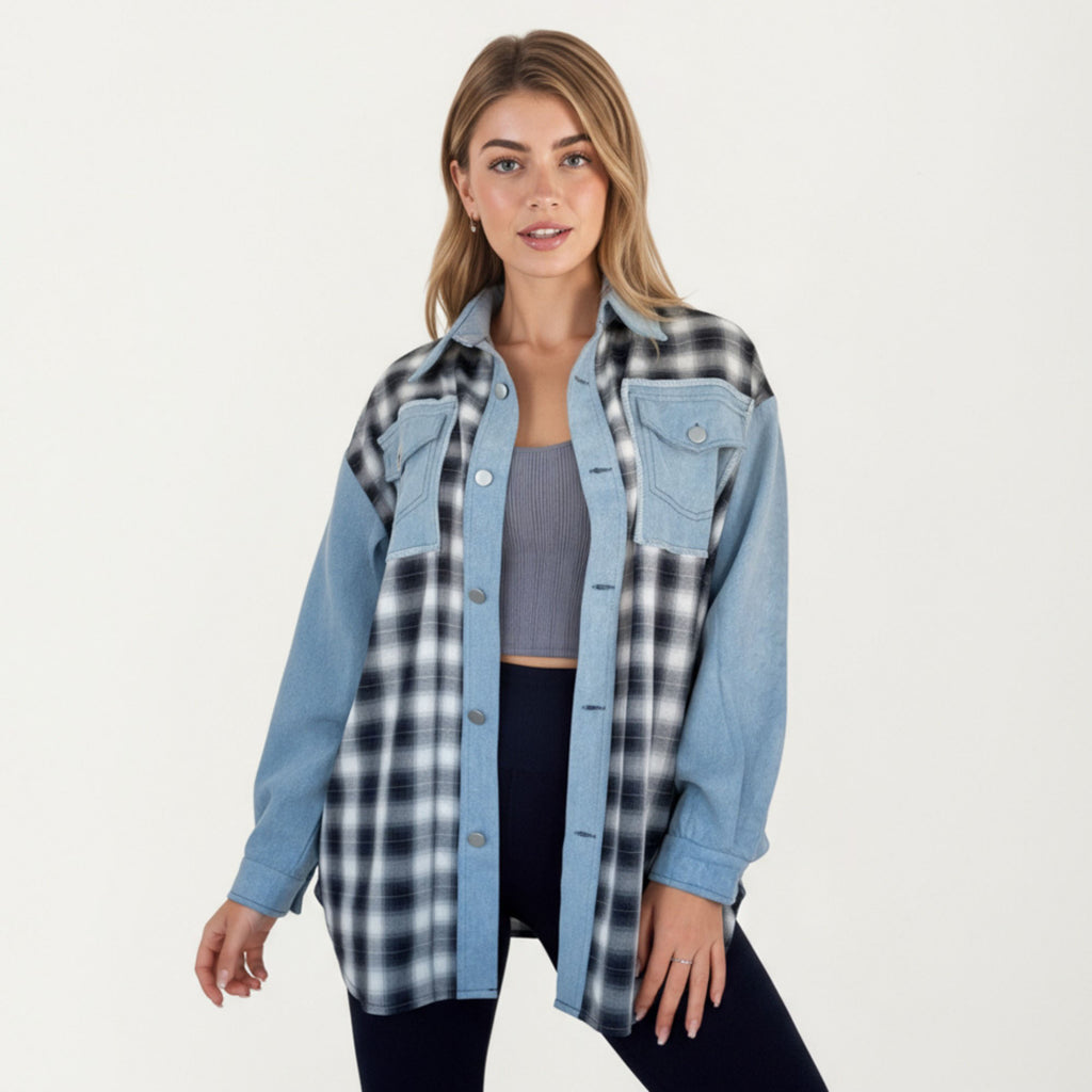 Anna-Kaci Women¡¯s Denim and Plaid Contrast Shacket with Snap Button Front Oversized Chest Pockets and Layering Silhouette